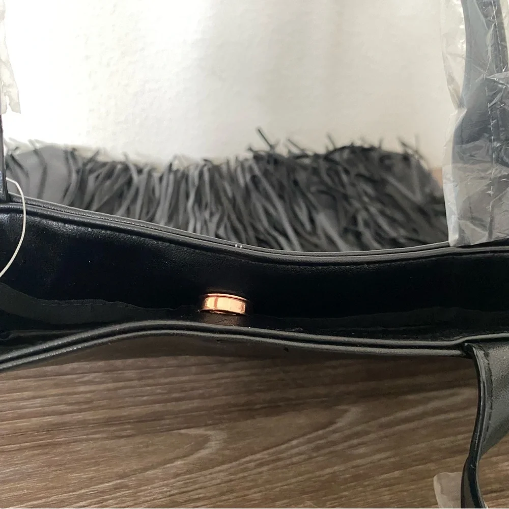 Victoria's Secret Black Fringe Tote Bag Purse Rose Gold Logo‎ 15x17